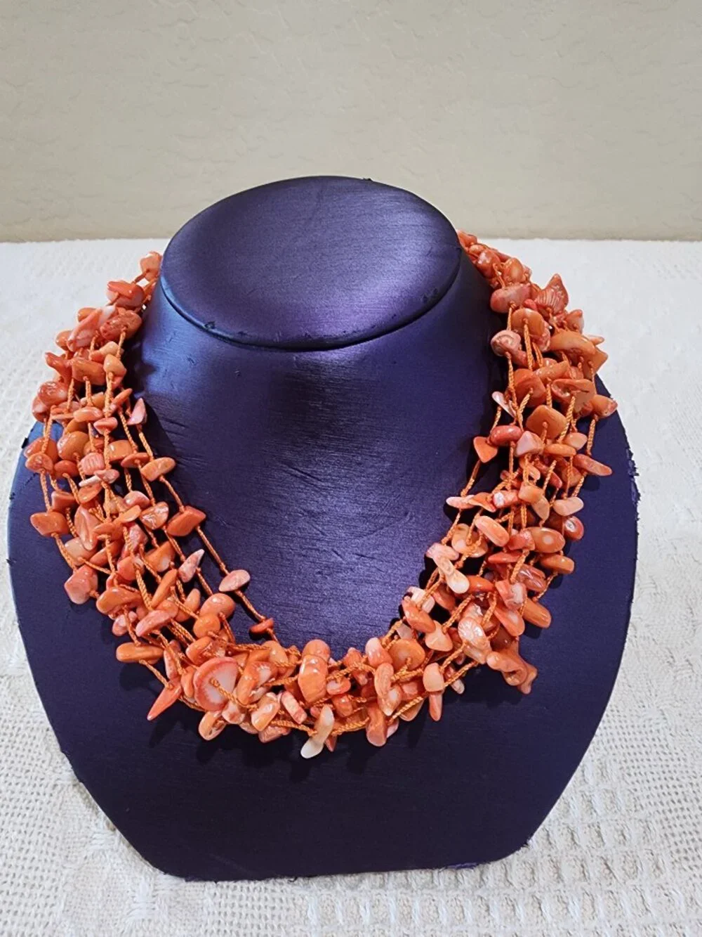 Artisan Mid-Century MCM Orange Coral Abalone Shell 10-Strand Statement Necklace